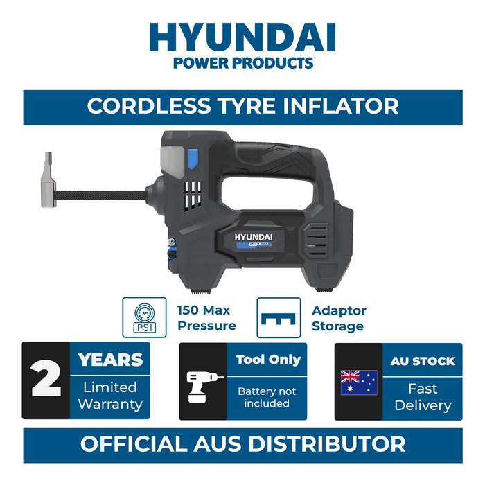 Hyundai 20V Cordless Tyre Inflator – Digital PSI Gauge, Auto Shutoff, Work Light & Emergency Beacon – SKIN ONLY (IF20S)