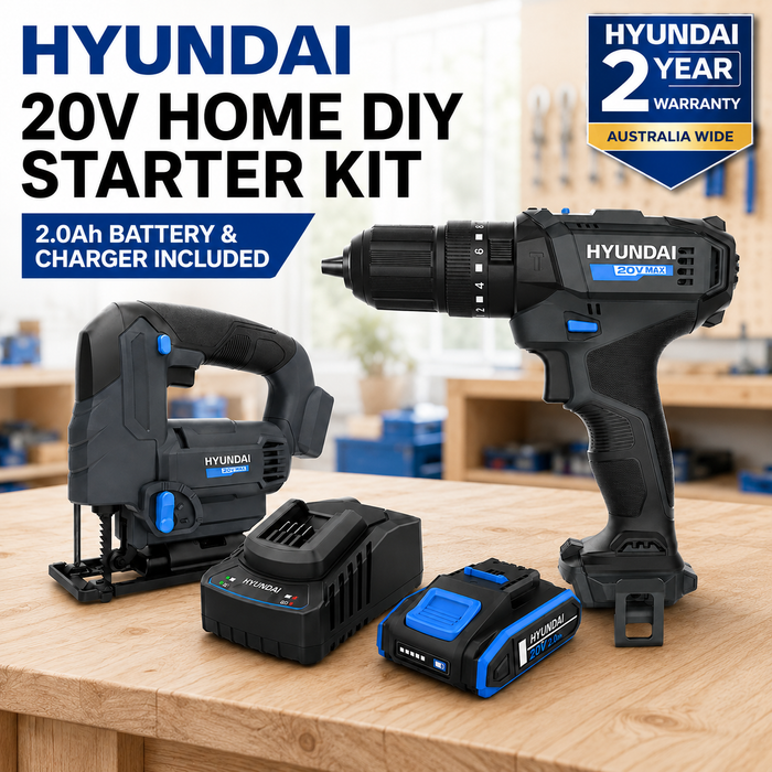 Hyundai 20V Home DIY Starter Kit – Hammer Drill, Jigsaw, 2.0Ah Battery & Fast Charger – Complete Cordless Renovation Kit