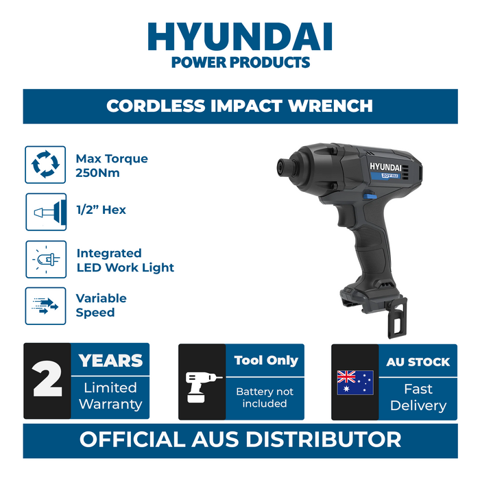 Hyundai 20V Cordless Impact Wrench – 180Nm Torque, 3000ipm, LED Light, Variable Speed - SKIN ONLY (ID20S-180)