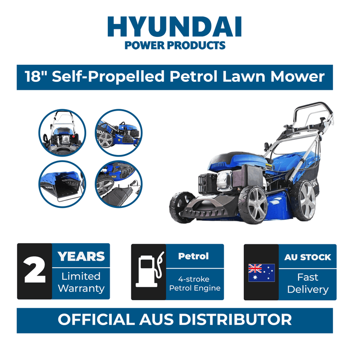 Hyundai 18" Self-Propelled Petrol Lawn Mower – 139cc, Electric Start, 6 Heights, OPC Safety, Hose Connector (HYM460SPE)