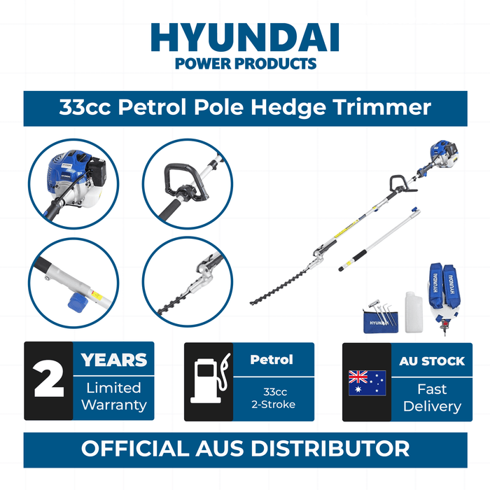 Hyundai 33cc Petrol Pole Hedge Trimmer – 3m Reach, Dual Blade, Pivot Head (HYPT3300)