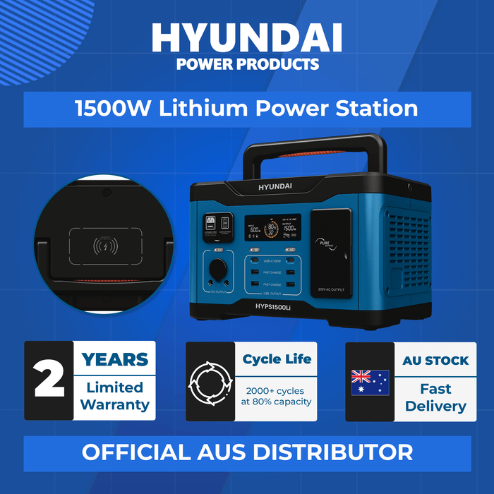 Hyundai 1500W Lithium Power Station – 1152Wh, LiFePO4, Solar/Car/USB Charging (HYPS1500)