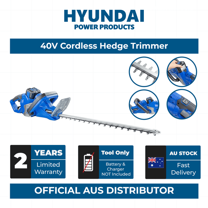 Hyundai 40V Cordless Hedge Trimmer – 520mm Blade, Brushless Motor - SKIN ONLY (HYHT40LI)