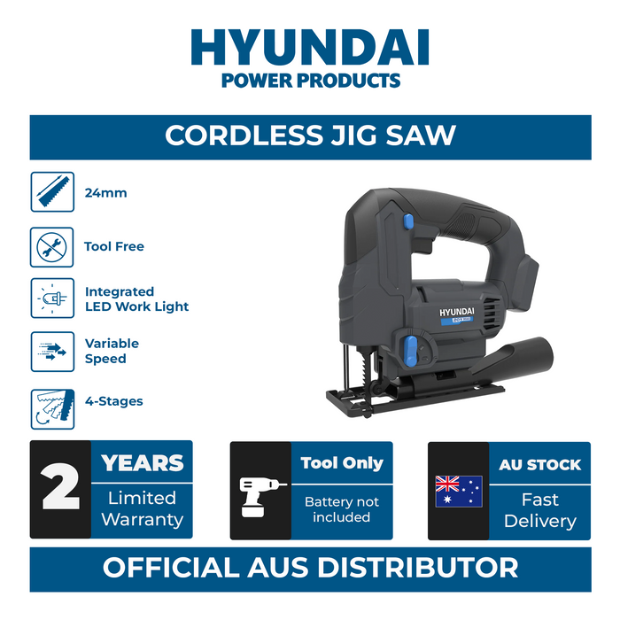 Hyundai 20V Cordless Jig Saw – Variable Speed, Tool-Free Blade, 45° Bevel, Dust Adapter - SKIN ONLY (JS20S-24)