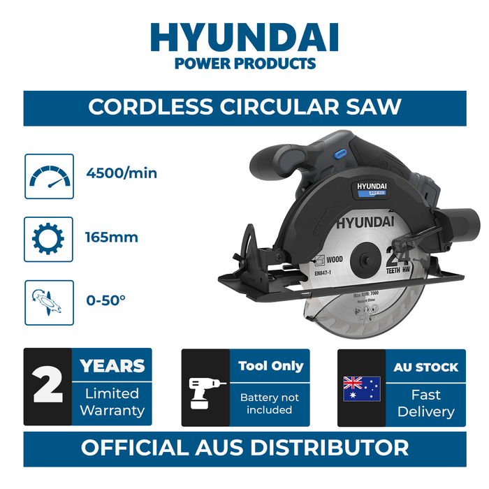Hyundai 20V Cordless Circular Saw – 165mm Blade, Bevel Cuts, Dust Port – SKIN ONLY (CS20S-165)
