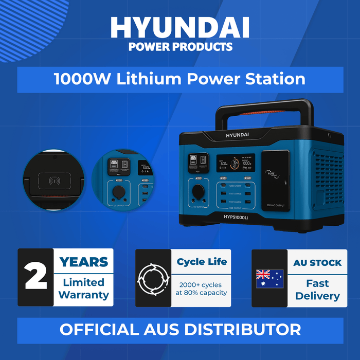 Hyundai 1000W Lithium Power Station – LiFePO4, Solar Input, 921Wh Backup & Outdoor Power (HYPS1000)