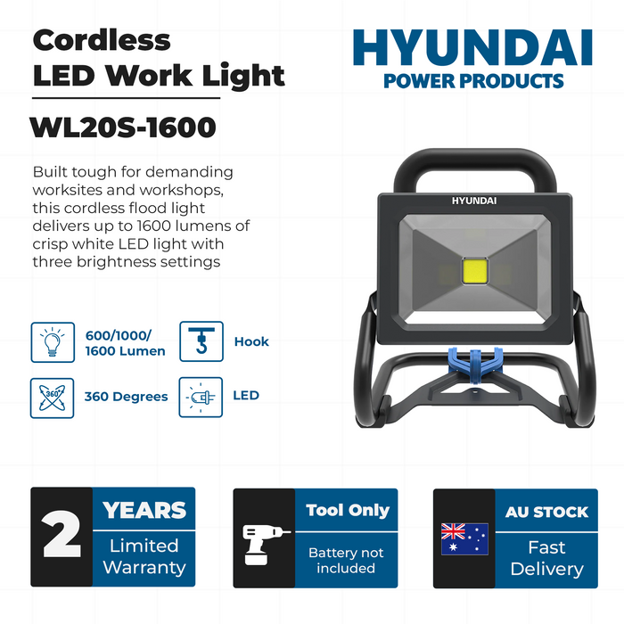 Hyundai 20V LED Work Light – 1600 Lumen, 360° Head, Tripod Mountable, 3-Mode Brightness - SKIN ONLY (WL20S-1600)