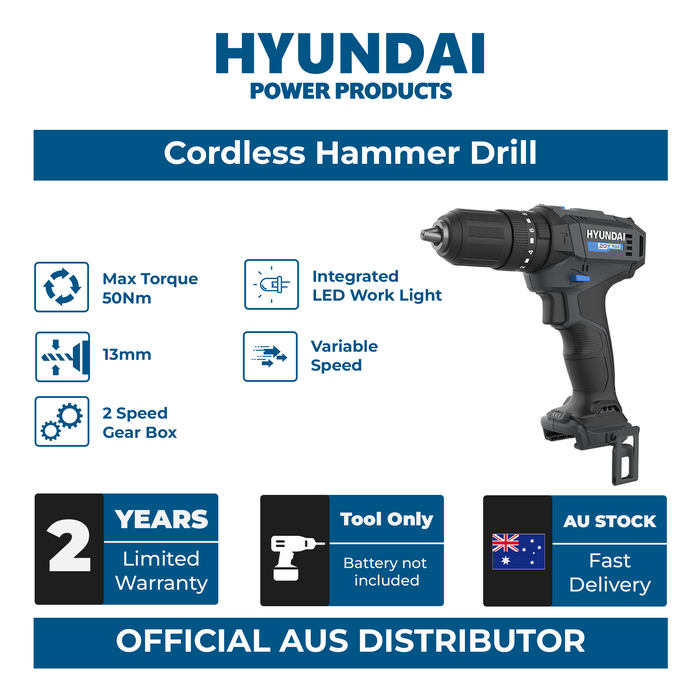 Hyundai 20V Cordless Hammer Drill – 2-Speed, 50Nm Torque, LED - SKIN ONLY (HD20S-50)