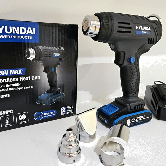 Hyundai 20V Cordless Heat Gun Kit – 2 Temp Settings (350°C/550°C), Auto Cooldown, Lock-On Switch + 20V 2Ah Lithium-Ion Battery & Charger Kit