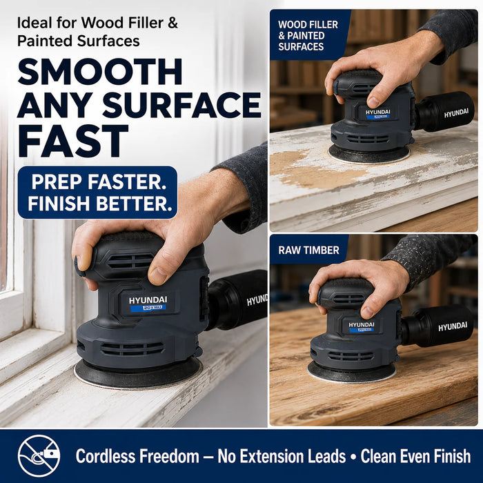 Hyundai 20V Cordless Orbital Sander – 5” Pad, Dust Collection, Variable Speed Control – Skin Only