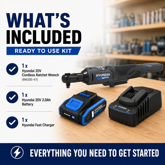 Hyundai 20V Cordless Ratchet Wrench Kit – 47Nm, LED, Compact Head, FWD/REV Switch + 20V 2Ah Lithium-Ion Battery & Charger Kit