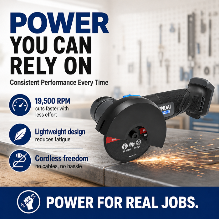 Hyundai 20V Mini Angle Grinder – 19500rpm, 76mm Disc, Tool-Free Guard - Skin Only