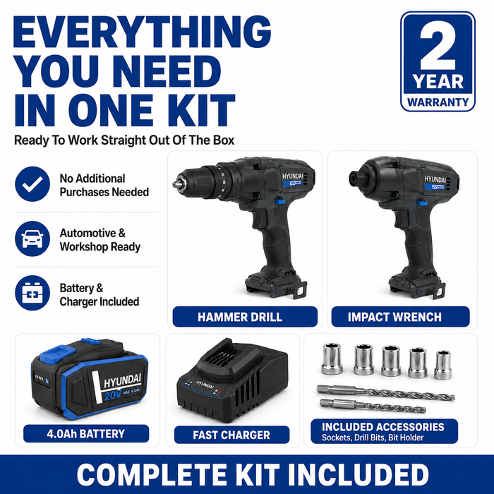 Hyundai 20V Mechanic's Combo Kit - Hammer Drill & Impact Wrench + 4.0Ah Battery & Fast Charger