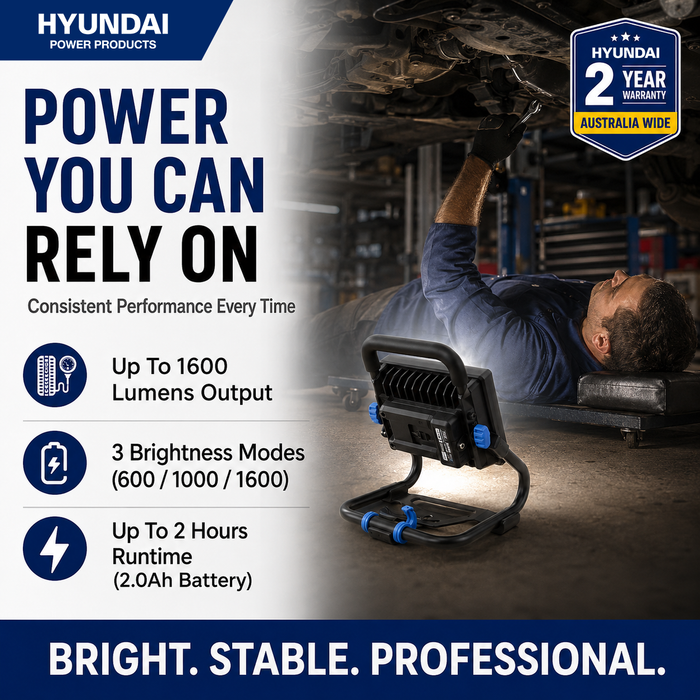 Hyundai 20V Portable LED Work Light Kit – 1600 Lumen Flood Light + 2.0Ah Battery & Fast Charger - DIY, Garage, 4WD & Camping Essential