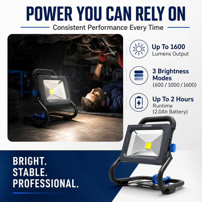 Hyundai 20V LED Work Light – 1600 Lumen, 360° Head, Tripod Mountable, 3-Mode Brightness - Skin Only