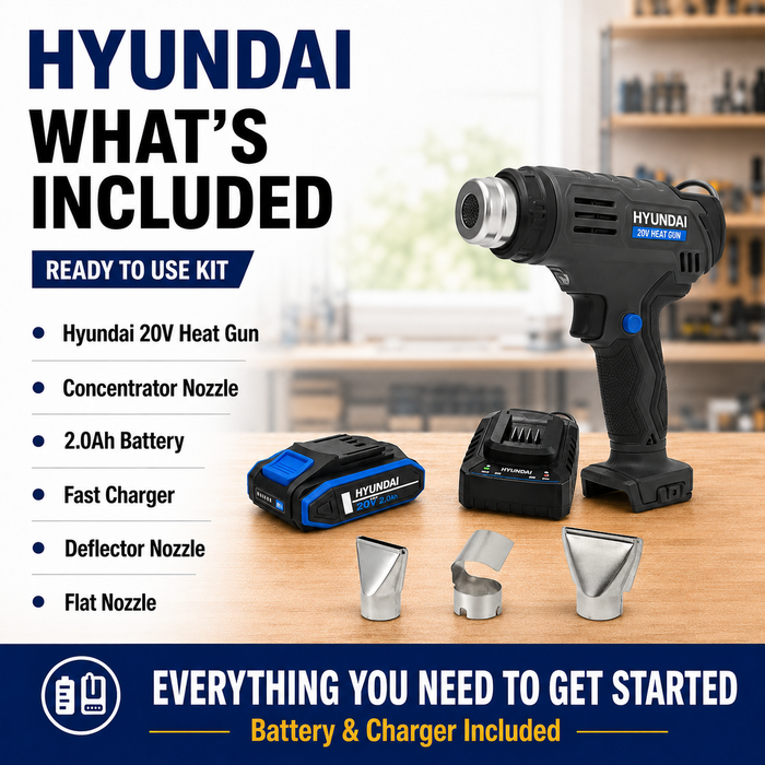 Hyundai 20V Cordless Heat Gun Kit – 2 Temp Settings (350°C/550°C), Auto Cooldown, Lock-On Switch + 20V 2Ah Lithium-Ion Battery & Charger Kit