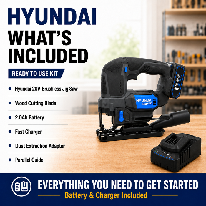 Hyundai 20V Brushless Jig Saw Kit – Adjustable Base, 4-Stage Pendulum, LED, Variable Speed + 20V 2Ah Lithium-Ion Battery & Charger Kit