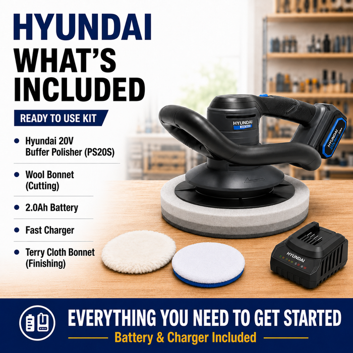 Hyundai 20V Orbital Polisher Full Kit - Random Orbital Buffer Polisher + 2.0Ah Battery & Fast Charger - Car Detailing Kit