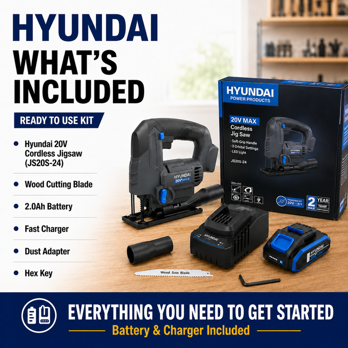 Hyundai 20V Cordless Jig Saw Kit – Battery & Fast Charger Included, 2500 SPM Power Saw, Cuts Wood Plastic & Steel, DIY Renovation Cutting Tool
