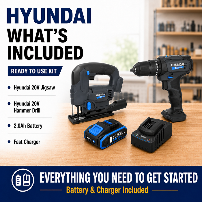 Hyundai 20V Home DIY Starter Kit – Hammer Drill, Jigsaw, 2.0Ah Battery & Fast Charger – Complete Cordless Renovation Kit