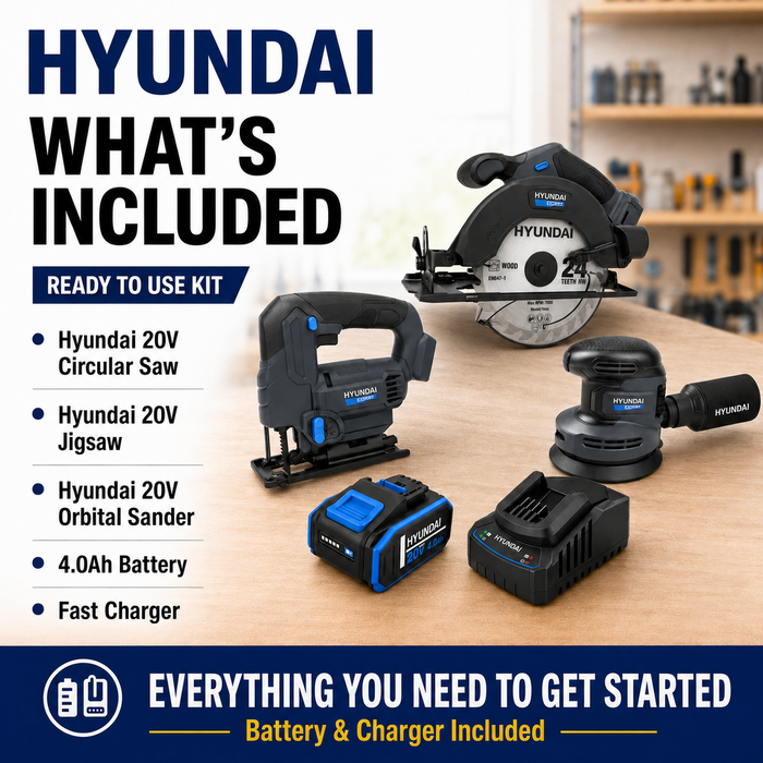 Hyundai 20V Woodworking Kit – Circular Saw, Jigsaw, Orbital Sander, 4.0Ah Battery & Fast Charger – Complete Cordless Carpentry Kit