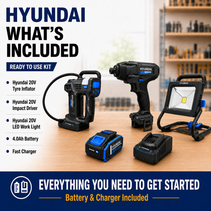 Hyundai 20V Automotive Workshop Kit – Impact Driver, Tyre Inflator, LED Work Light, 4.0Ah Battery & Fast Charger – Complete Garage Kit