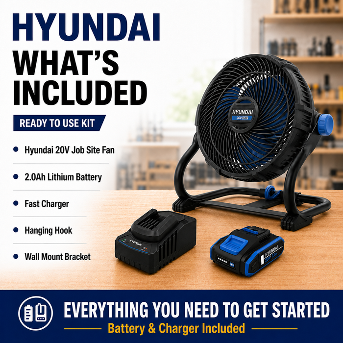 Hyundai 20V Cordless Camping & Job Site Fan Kit – 360° Adjustable Airflow, Dual Speed Cooling for Camping, Workshop & Garage