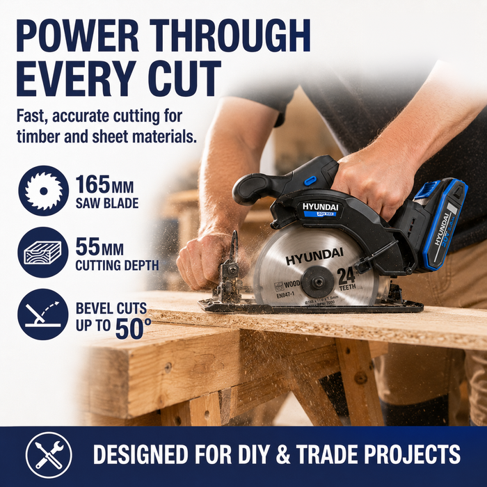 Hyundai 20V Cordless Circular Saw – 165mm Blade, Bevel Cuts, Dust Port – Skin Only