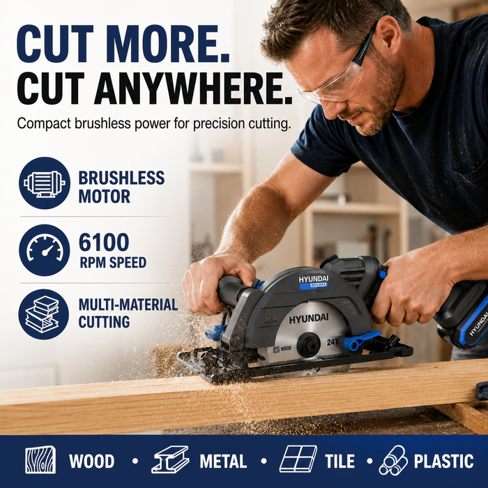 Hyundai 20V Brushless Mini Circular Saw Kit – 120mm Blade, 41mm Cut Depth + 20V 2Ah Lithium-Ion Battery & Charger Kit