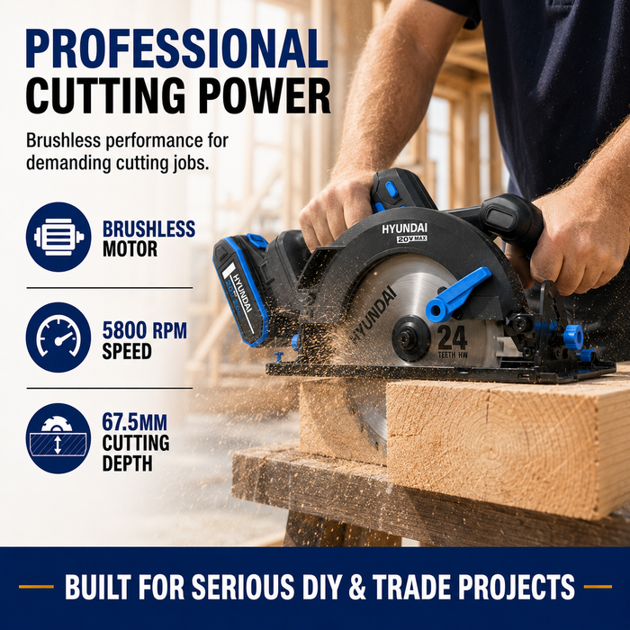 Hyundai 20V Brushless Circular Saw – 190mm Blade, 67.5mm Cut Depth - Skin Only
