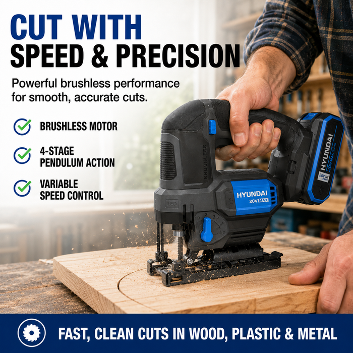 Hyundai 20V Brushless Jig Saw Kit – Adjustable Base, 4-Stage Pendulum, LED, Variable Speed + 20V 2Ah Lithium-Ion Battery & Charger Kit