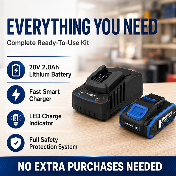 Hyundai 20V 2Ah Lithium-Ion Battery & Charger Kit – for Hyundai 20V Cordless Power Tools - Fast Charging, Compact, Reliable
