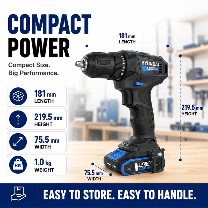 Hyundai 20V 40Nm Cordless Driver Drill, 2Ah Battery and Charger Kit, 2-Speed, LED Light, 13 mm Chuck