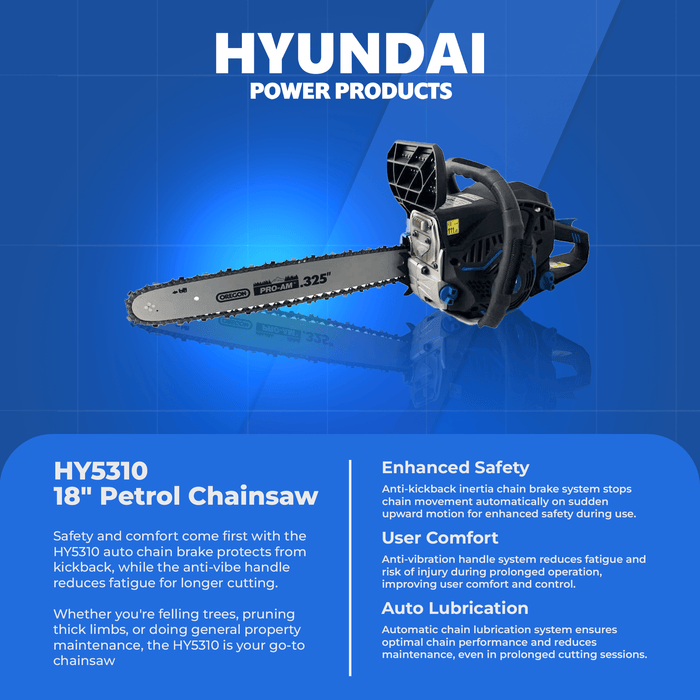 Hyundai 18" Petrol Chainsaw – 53cc 2-Stroke, Oregon Bar, Anti-Vibration, Auto Chain Lube, Kick-Back Protection (HY5310)