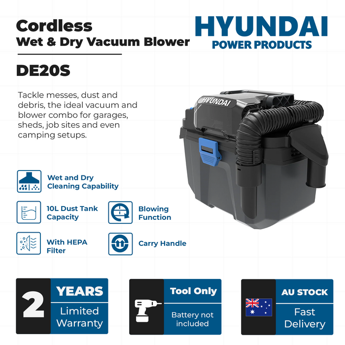 Hyundai 20V Cordless Wet & Dry Vacuum Blower – 10L Tank, HEPA, Compact Toolbox Design – SKIN ONLY (DE20S)