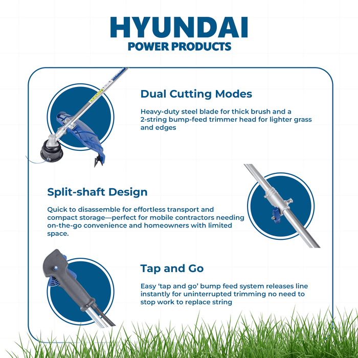 Hyundai 33cc Petrol Grass Trimmer / Brushcutter – Lightweight, High Power, Easy Start, Harness Included (HYBC3300)