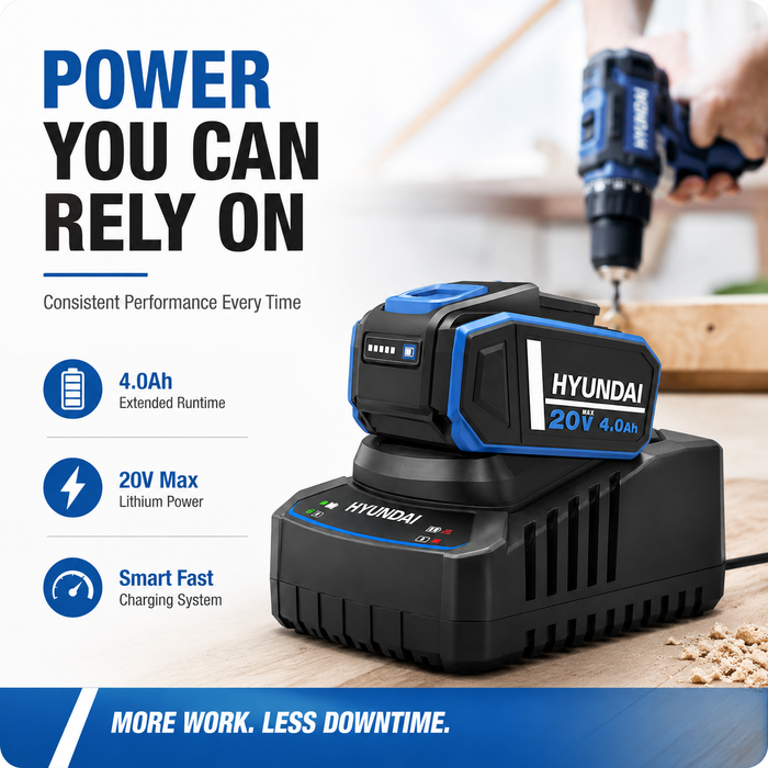 Hyundai 20V 4Ah Lithium-Ion Battery & Charger Kit – for Hyundai 20V Cordless Power Tools - Fast Charging, Compact, Reliable