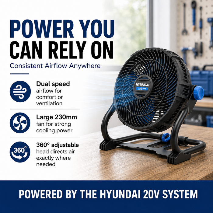 Hyundai 20V Cordless Camping & Job Site Fan Kit – 360° Adjustable Airflow, Dual Speed Cooling for Camping, Workshop & Garage