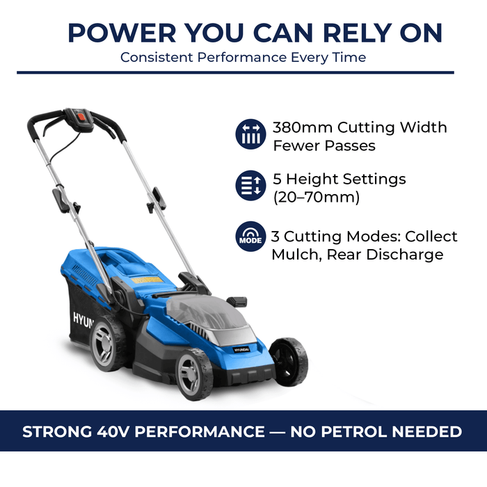Hyundai 15" 40V Battery Lawn Mower Kit – Push Mower + 2.0Ah Battery & Charger (HY38-E40 Starter)