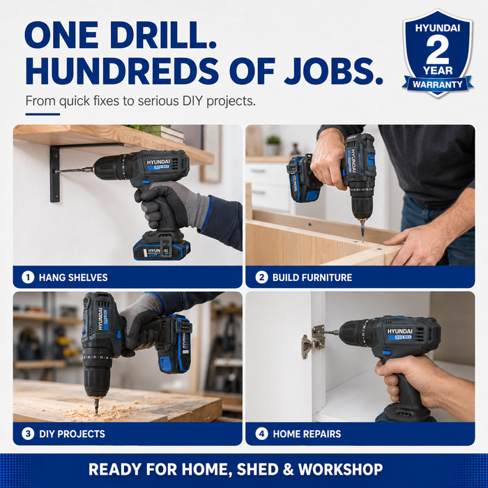Hyundai 20V Hammer Drill Complete Kit - Hammer Drill + 75 Accessories, 2Ah Battery, Charger & Carry Case - Homeowner's Starter Kit
