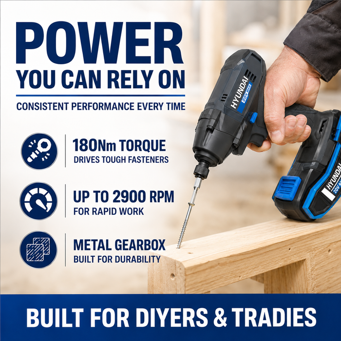 Hyundai 20V Cordless Impact Driver – 180Nm Torque, 3000ipm, LED Light, Variable Speed - Skin Only