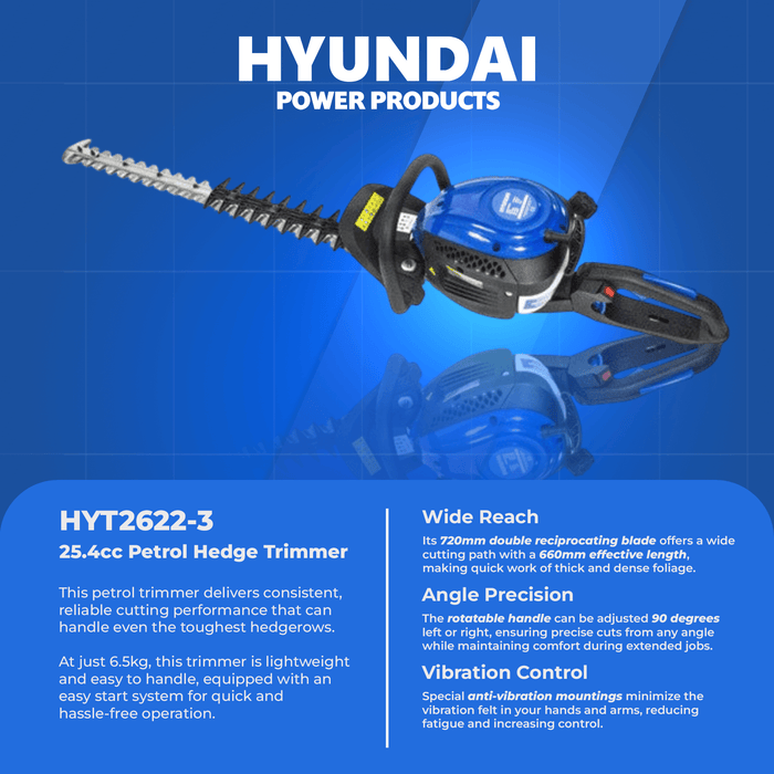 Hyundai 25.4cc Petrol Hedge Trimmer – Double Reciprocating Blade, Rotatable Handle, Easy Start (HYT2622-3)
