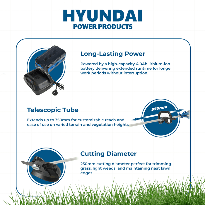 Hyundai 40V Battery Brushcutter Starter Pack - Includes Brushcutter, 4.0Ah Battery & Fast Charger Kit (HY40BC10)