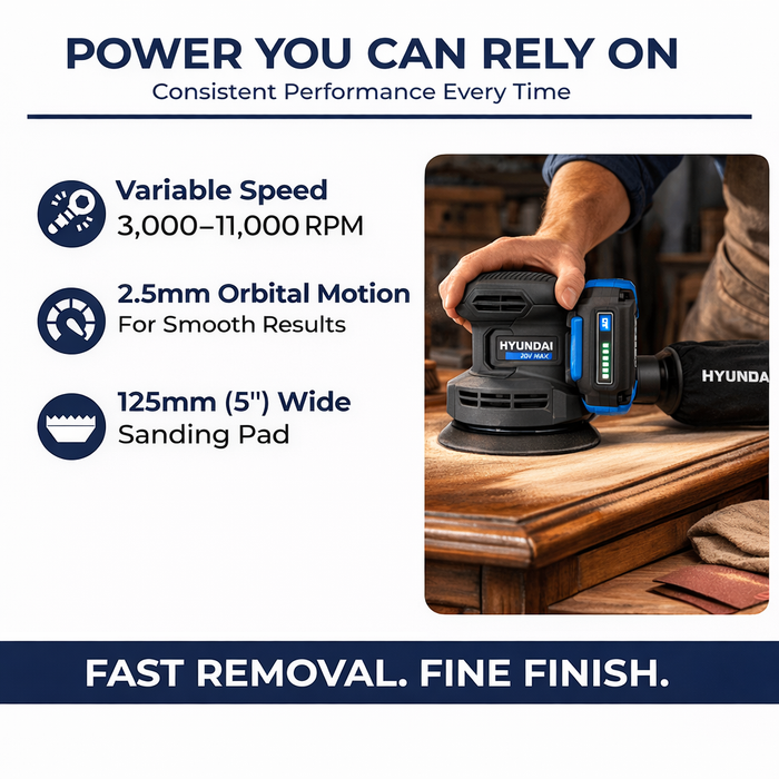 Hyundai 20V Cordless ORBITAL SANDER KIT– 125mm Variable Speed + 2.0Ah Battery & Fast Charger - Wood Sanding, Paint Prep & DIY Renovation
