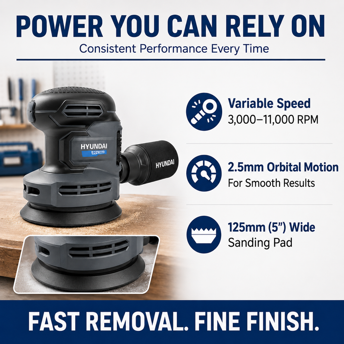 Hyundai 20V Cordless Orbital Sander Kit – 125mm Variable Speed + 2.0Ah Battery & Fast Charger - Wood Sanding, Paint Prep & DIY Renovation