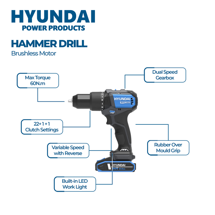 Hyundai Power 2 Piece Kit - Hammer Drill + Impact Driver + 2 x 2Amp Batteries and Charger ( HPK101 )
