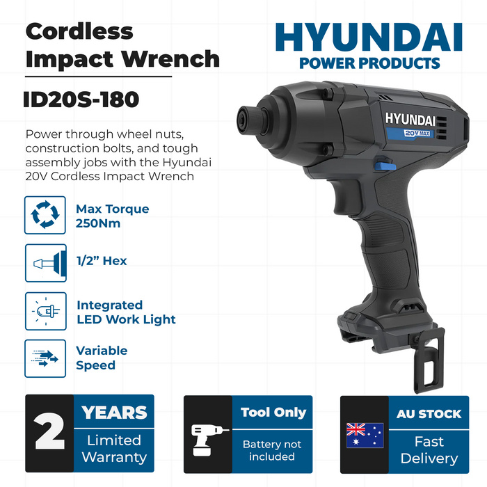 Hyundai 20V Cordless Impact Wrench – 180Nm Torque, 3000ipm, LED Light, Variable Speed - SKIN ONLY (ID20S-180)