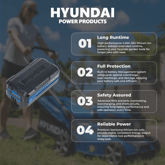 Hyundai 40V 4.0Ah Lithium Battery – Samsung Cells, LED Indicator, BMS Protected (HY40B4)