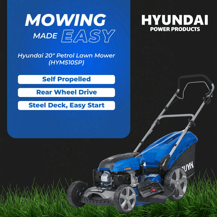 Hyundai 20" Petrol Lawn Mower – Self Propelled, 170cc OHV Engine, Steel Deck, Easy Start, Rear Wheel Drive (HYM510SP)