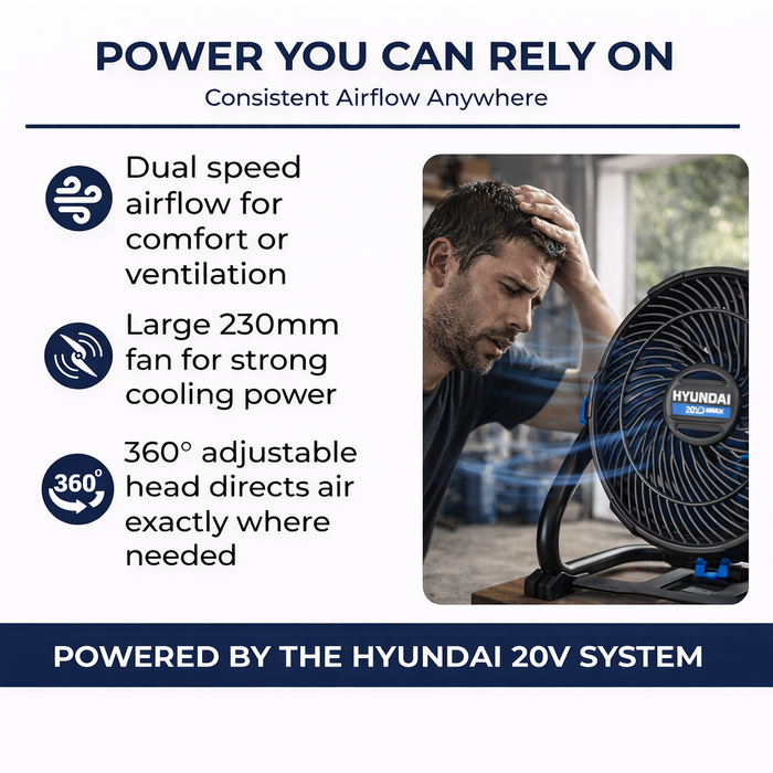Hyundai 20V Cordless Camping & Job Site Fan – 360° Adjustable Head, Dual Speed, Wall-Mountable – SKIN ONLY (JF20S)